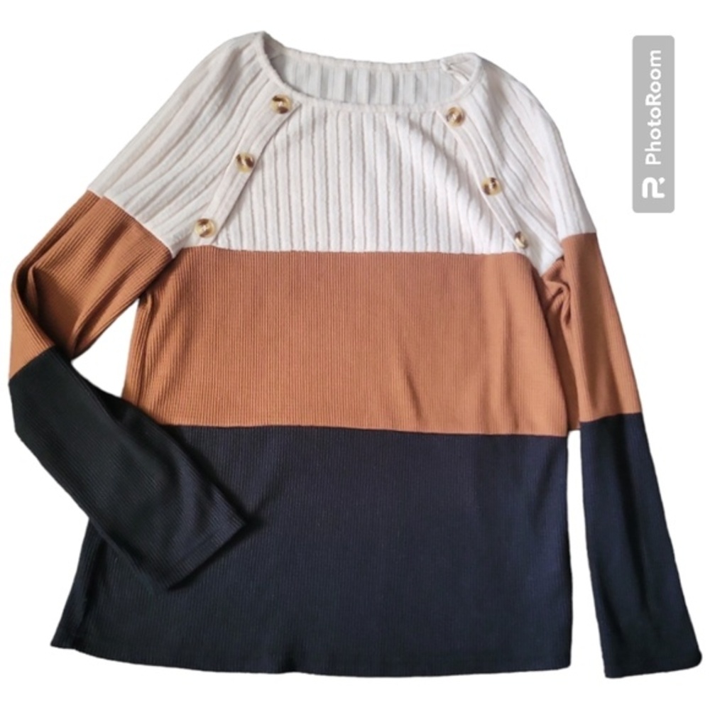 Shein Color Block Ribbed Sweater Top W Shoulder Button Detail - M